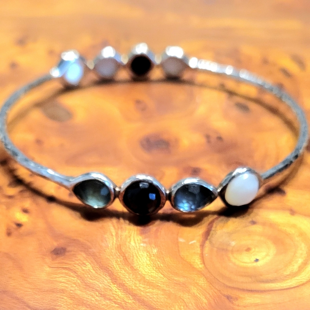 Ippolita 925 Sterling Silver Rock Candy 8 Stone Bangle Bracelet Blue Black Pearl